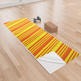 [ Thumbnail: Red & Yellow Colored Lined Pattern Yoga Towel ]