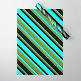 [ Thumbnail: Green, Black, and Aqua Colored Lined Pattern Wrapping Paper ]