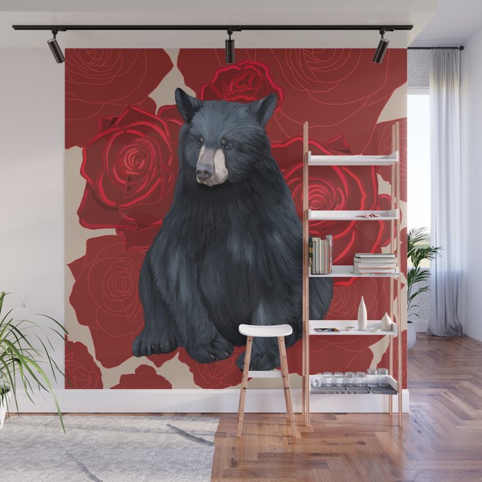 Sitting Black Bear Red Roses Wall Mural