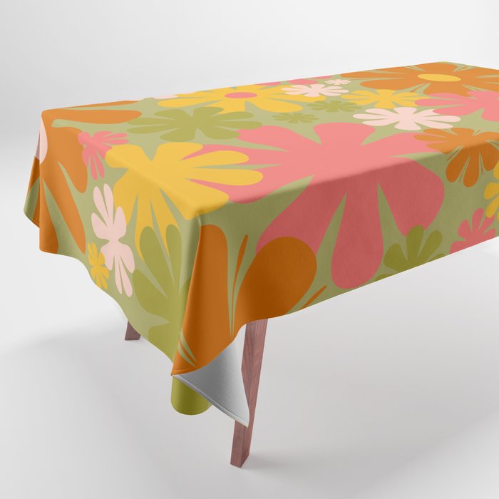 Retro 60s 70s Aesthetic Floral Pattern in Green Pink Yellow Orange Tablecloth