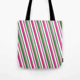 [ Thumbnail: Forest Green, Light Grey, Deep Pink & White Colored Pattern of Stripes Tote Bag ]