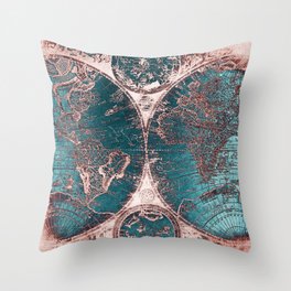 Antique World Map Pink Quartz Teal Blue by Nature Magick Throw Pillow