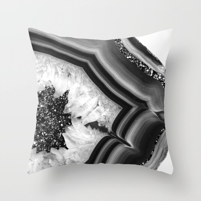 Gray Black White Agate with Black Silver Glitter #1 (Faux Glitter) #gem #decor #art #society6 Throw Pillow