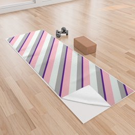 [ Thumbnail: Indigo, Dark Grey, Mint Cream, and Light Pink Colored Lines Pattern Yoga Towel ]