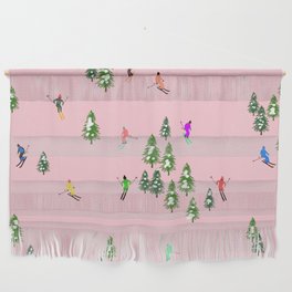 Pink retro skiers illustration - snow what fun down the ski slopes Wall Hanging
