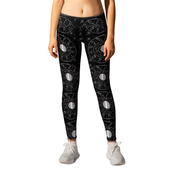 Zodiac astrology circle Silver astrological signs with moon sun and stars Leggings