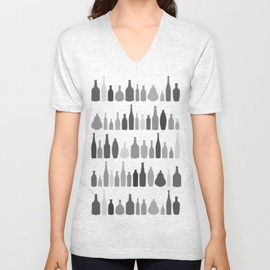 Bottles Black and White on White Unisex V-Neck