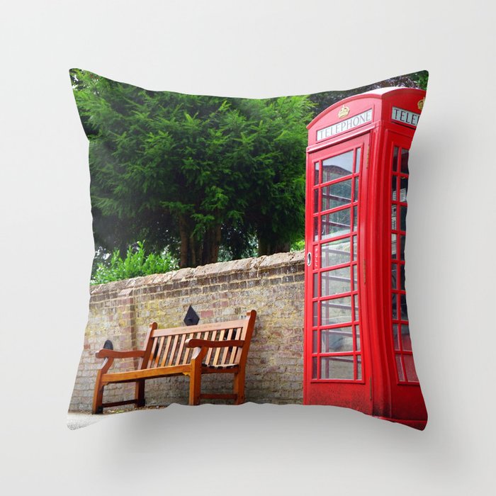 Great Britain Photography - Red Phone Booth By A Wooden Bench Throw Pillow