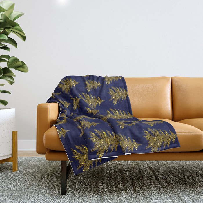 Sparkly gold Christmas tree on dark blue Throw Blanket