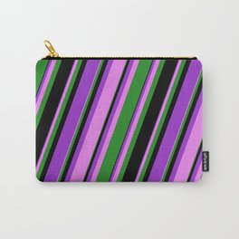 [ Thumbnail: Dark Orchid, Violet, Forest Green, and Black Colored Lines Pattern Carry-All Pouch ]