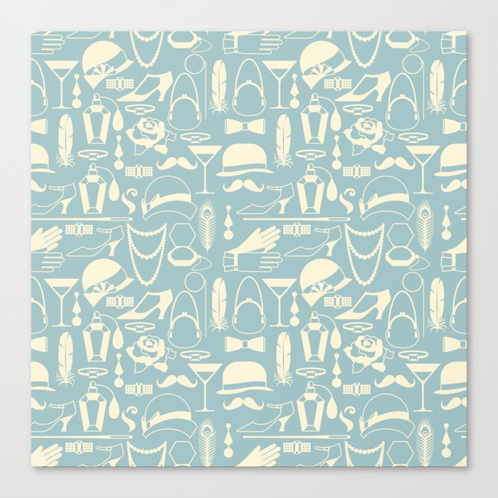 White Fashion 1920s Vintage Pattern on Pastel Sage Green Canvas Print