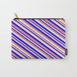 [ Thumbnail: Blue, Light Coral, and Light Yellow Colored Stripes Pattern Carry-All Pouch ]