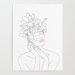 Minimal Line Art Woman with Magnolia Poster