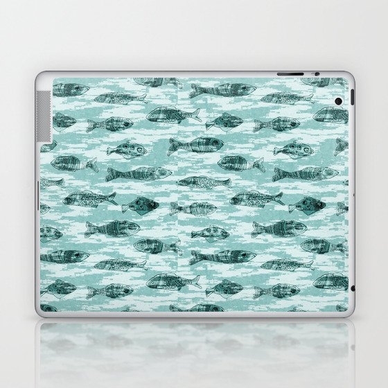 Teal Blu Watercolor Fish Under the Sea Coastal Marine Pattern. Rustic Wet Wash Beach Decor Design - 2 Laptop & iPad Skin