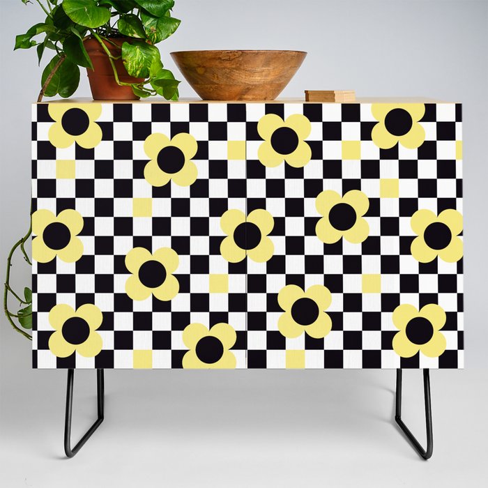 Blooming spring field floral checker pattern # sunflower Credenza