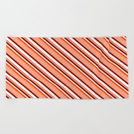 [ Thumbnail: Light Salmon, Maroon, White, and Red Colored Lined Pattern Beach Towel ]