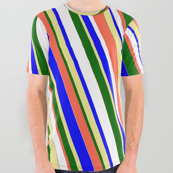 Vibrant Blue, Tan, Dark Green, Red, and White Colored Stripes/Lines Pattern All Over Graphic Tee
