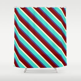 [ Thumbnail: Light Yellow, Turquoise, Dark Slate Blue, and Maroon Colored Stripes Pattern Shower Curtain ]