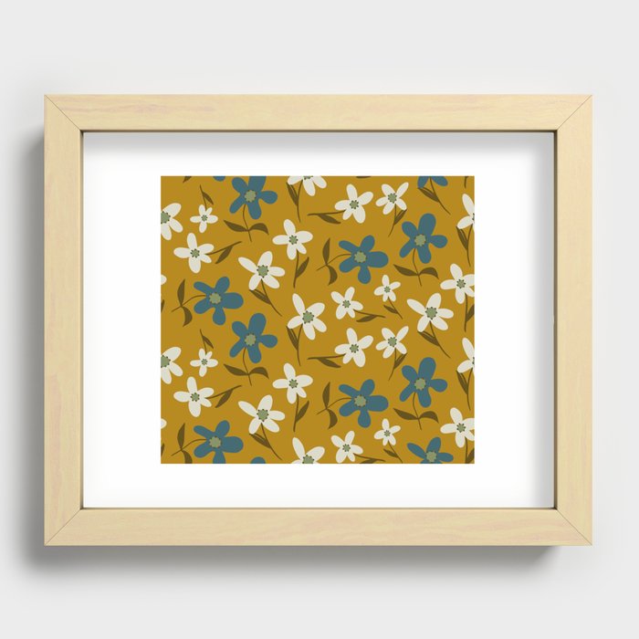 Abstract Hand Drawing Geometric Daisy Flowers and Leaves Repeating vintage Pattern Isolated Background  Recessed Framed Print