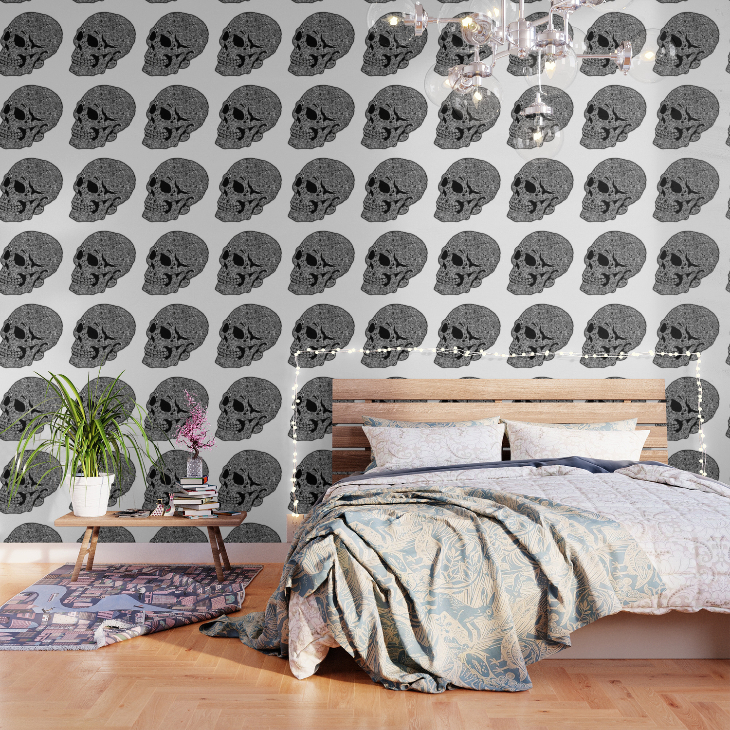 Skull doodle pattern - white on black - trippy art Wallpaper by Brand Name  Nerd | Society6