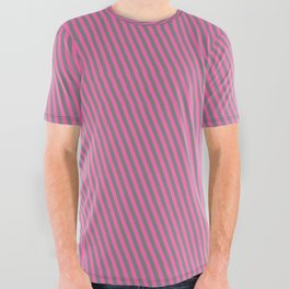 [ Thumbnail: Gray & Hot Pink Colored Stripes/Lines Pattern All Over Graphic Tee ]