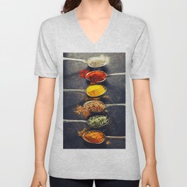 Colorful spices in metal spoons V Neck T Shirt