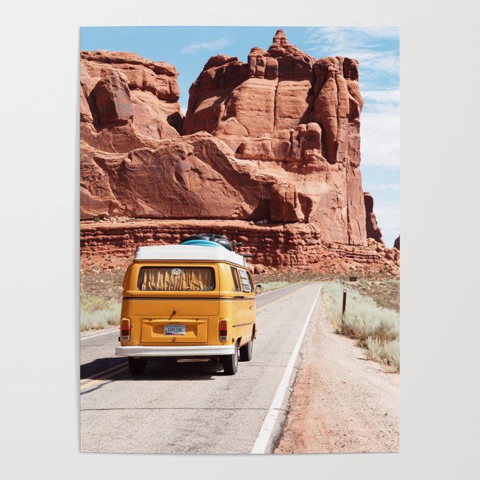 Red SouthWest Desert Roadtrip in Yellow V W Camper Van - USA Poster