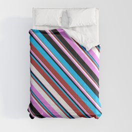 [ Thumbnail: Deep Sky Blue, Brown, White, Violet, and Black Colored Striped/Lined Pattern Comforter ]