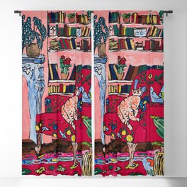 Ginger Cat in Embroidered Red Armchair with Staffordshire Spaniel in Book-Lined Room Interior Painting Blackout Curtain