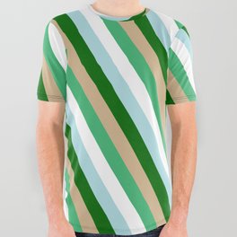 [ Thumbnail: Eye-catching Tan, Sea Green, White, Powder Blue, and Dark Green Colored Pattern of Stripes All Over Graphic Tee ]