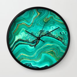 Emerald Green + Gold Abstract Geode Ripples Wall Clock