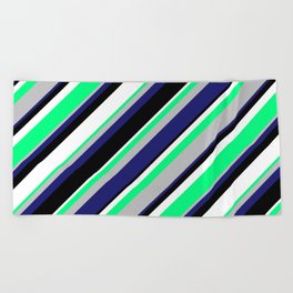 [ Thumbnail: Green, Grey, Midnight Blue, Black & White Colored Stripes Pattern Beach Towel ]
