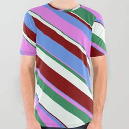 [ Thumbnail: Vibrant Cornflower Blue, Violet, Sea Green, Mint Cream & Maroon Colored Lined Pattern All Over Graphic Tee ]