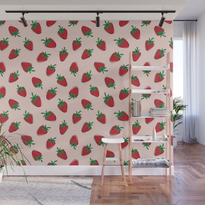 Cute Strawberry Pattern. Digital Illustration Background Wall Mural