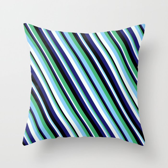Eye-catching Sea Green, Light Sky Blue, Mint Cream, Midnight Blue, and Black Colored Lined Pattern Throw Pillow