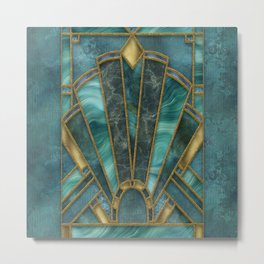 Elegant Stained Glass Art Deco Window With Marble And Gemstone Metal Print | Turquoise, Gemstone, Teal, Agate, Gatsby, Luxury, Artdeco, 1930S, Stainedglass, 1920S 
