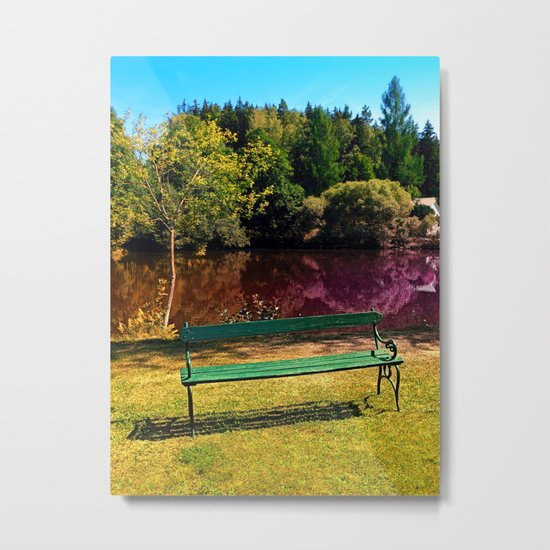 Bench at the pond Metal Print