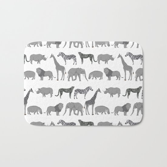 Safari animals minimal grey and white zebra giraffe cheetah hippo rhino nursery Bath Mat