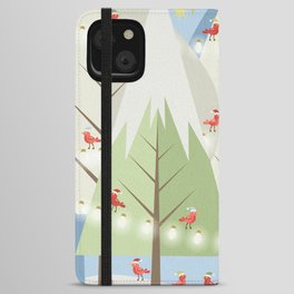Holiday Winter Scene with Red Bird Santas and Glowing Lights in a Christmas Tree Forest iPhone Wallet Case