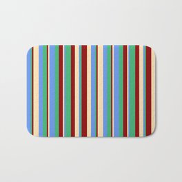 [ Thumbnail: Beige, Cornflower Blue, Sea Green, and Dark Red Colored Lines/Stripes Pattern Bath Mat ]