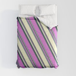 [ Thumbnail: Dark Slate Gray, Orchid, Slate Gray & Light Yellow Colored Striped Pattern Comforter ]