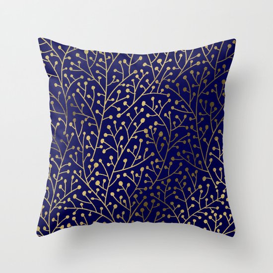 Gold Berry Branches on Navy Throw Pillow by Cat Coquillette Society6