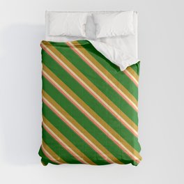[ Thumbnail: Eyecatching Dark Green, Dark Goldenrod, Beige, Coral & Dark Olive Green Colored Lined Pattern Comforter ]