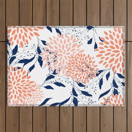 Floral Prints and Leaves, White, Coral and Navy Outdoor Rug