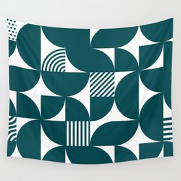 Teal Blue Mid Century Bauhaus Semi Circle Pattern Wall Tapestry