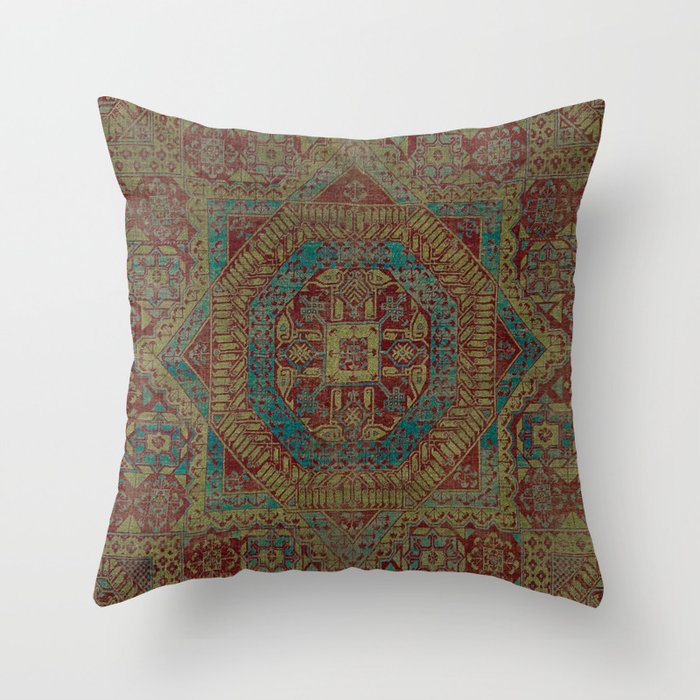 Mediterranean Medallion II // 15th Century Dark Colorful Kaleidoscope Sapphire Blue Red Rug Pattern Throw Pillow