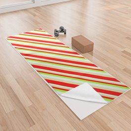 [ Thumbnail: Light Green, Mint Cream, Pale Goldenrod & Red Colored Stripes/Lines Pattern Yoga Towel ]