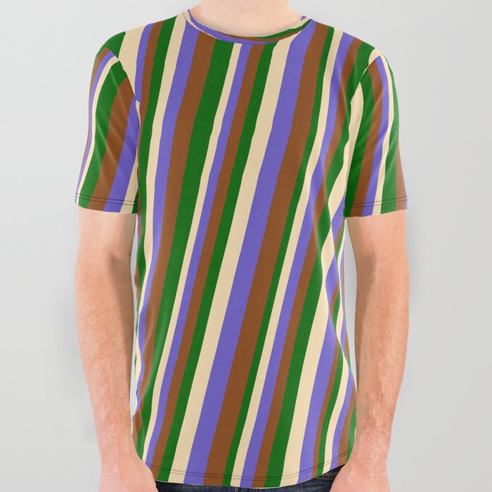 Beige, Slate Blue, Brown, and Dark Green Colored Lines/Stripes Pattern All Over Graphic Tee