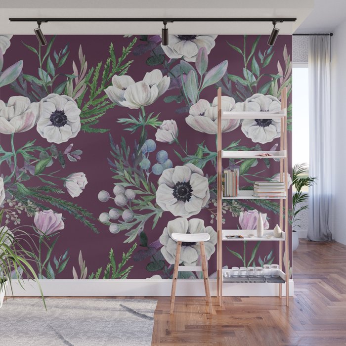 Winter anemones. Purple pattern Wall Mural