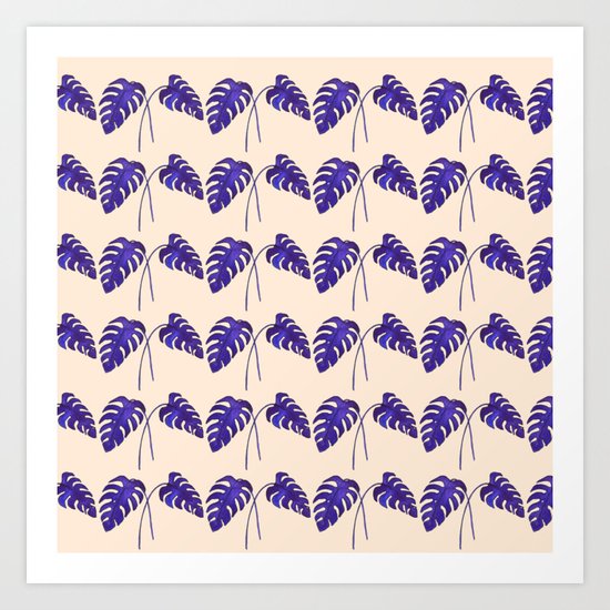 Indigo Monstera Leaf Watercolor on Blush Art Print